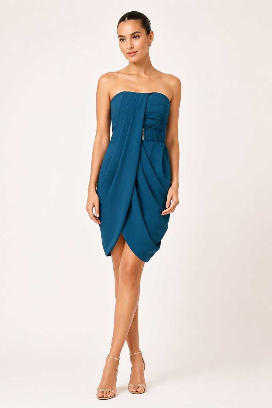 Karen Millen Turquoise Teal Draped Strapless Belted Dress Size 8